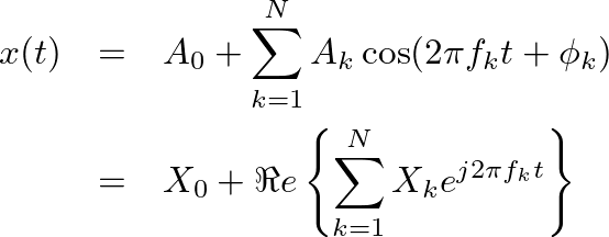 \begin{eqnarray*}
x(t) &=& A_0 + \sum^{N}_{k=1} A_k \cos(2 \pi f_k t + \phi_k) \...
...+ \Re e\left\{ \sum^{N}_{k=1} X_k e^{j 2 \pi f_k t} \right\} \\
\end{eqnarray*}