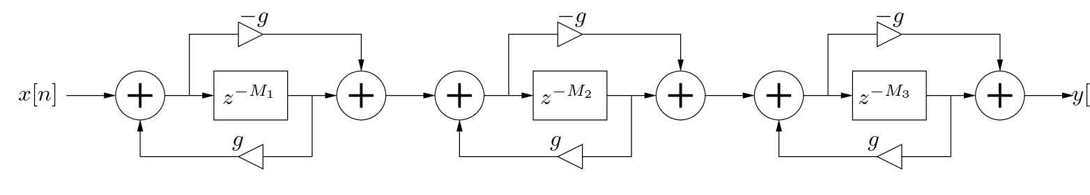 \begin{figure}\begin{center}
\begin{picture}(6.3,1.0)
\put(0.28,0){\epsfig{fil...
....12,0.89){$-g$}
\put(6.3,0.42){$y[n]$}
\end{picture} \end{center}
\end{figure}