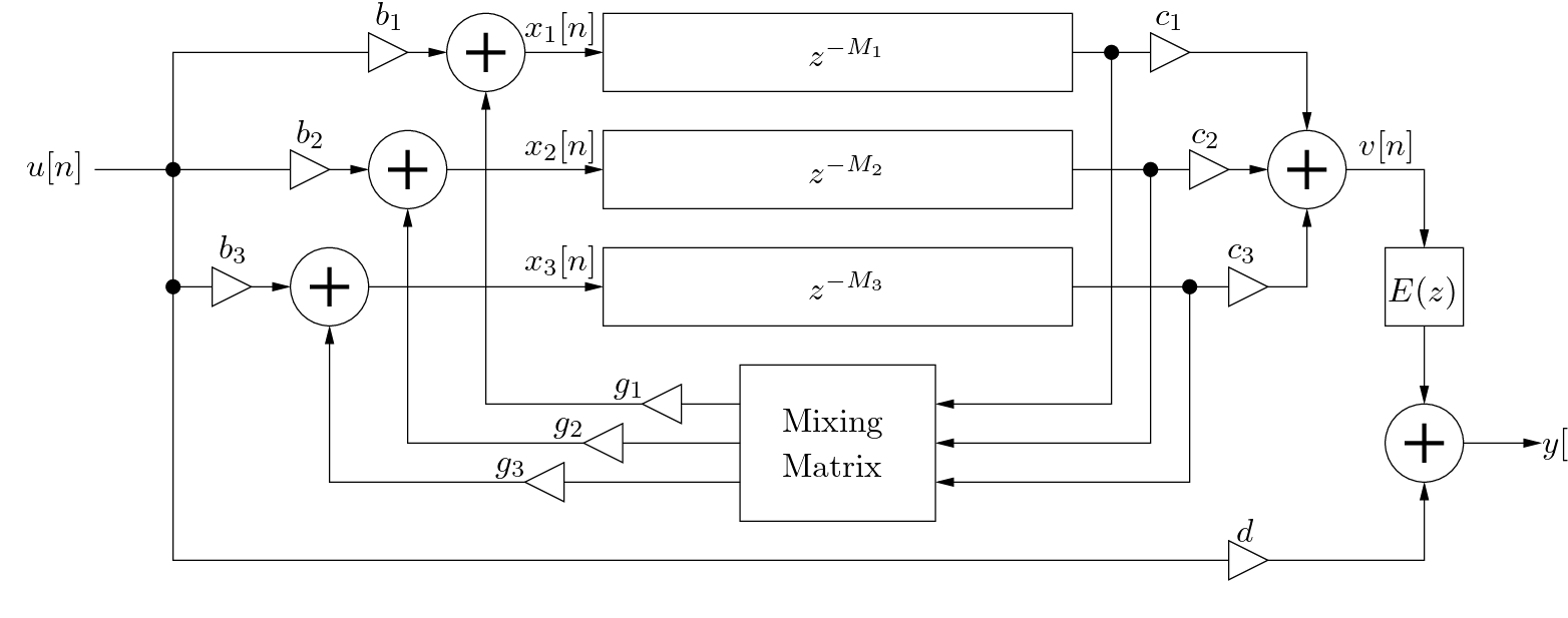 $\displaystyle \mathbf{D}(z) \ensuremath{\stackrel{\Delta}{=}}\left[
\begin{arr...
...{-M_1} & 0 & 0 \\
0 & z^{-M_2} & 0 \\
0 & 0 & z^{-M_3}
\end{array}\right]
$