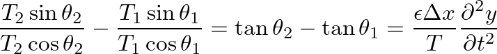 $\displaystyle \frac{T_{2} \sin \theta_{2}}{T_{2} \cos \theta_{2}} - \frac{T_{1}...
... \theta_{1} = \frac{\epsilon \Delta x}{T} \frac{\partial^{2}y}{\partial t^{2}}
$