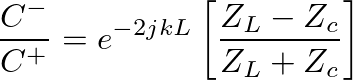 $\displaystyle \frac{P(L,t)}{C^{+}} = e^{-jkL}\left[\frac{2 Z_{L}}{Z_{L} + Z_{c}}\right] e^{j\omega t}.
$