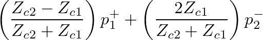 $\displaystyle \mathcal{R}_{12}\,p_{1}^{+} + \left(1-\mathcal{R}_{12}\right)p_{2}^{-}$